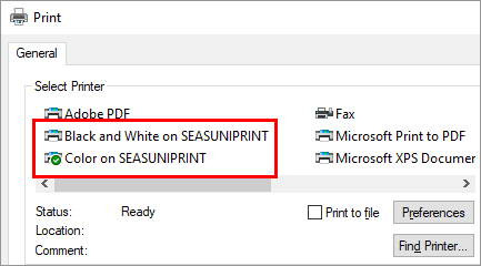 SEASuniprint Windows printing dialog