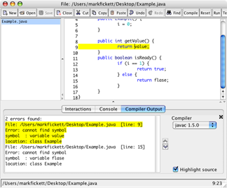 Compiler errors are displayed in the Compiler Output tab and hilighted in the code.