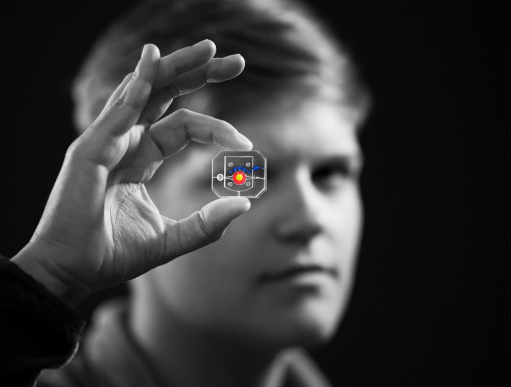 Rachel Young holds up eye-on-a-chip between thumb and forefinger