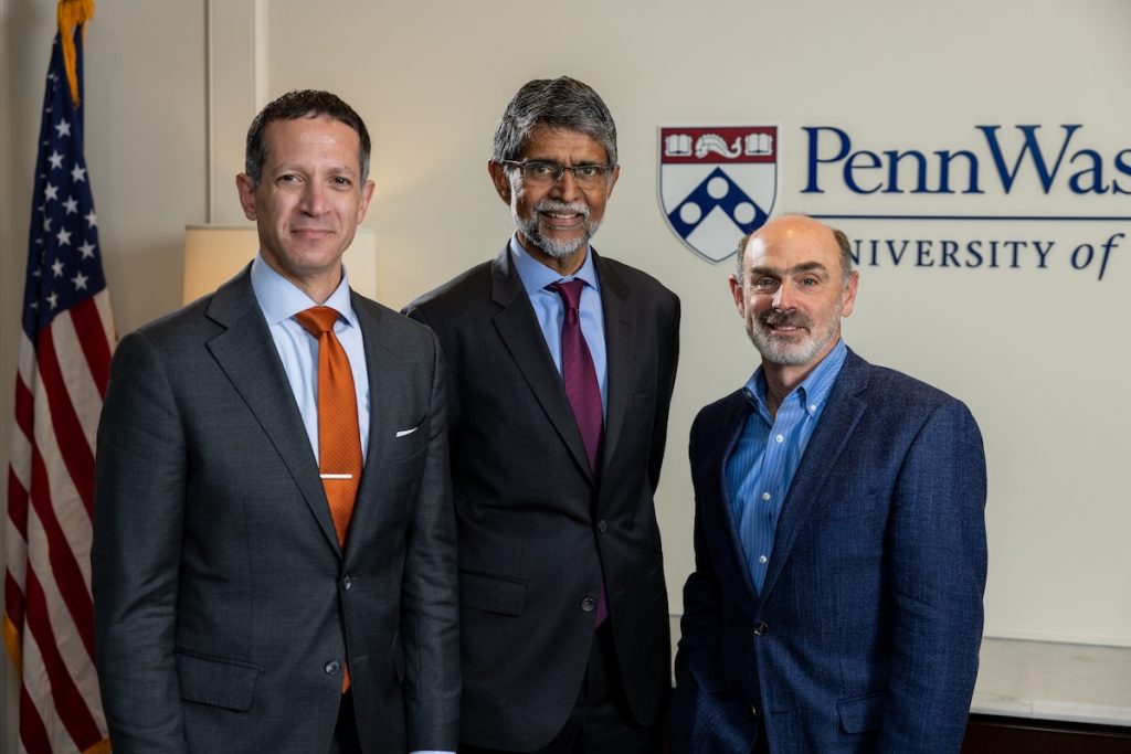 Michael Horowitz, Richard Perry Professor in Political Science and Director of Perry World House; Vijay Kumar, Nemirovsky Family Dean of Penn Engineering; and Ted Schlein (W’86), University Trustee. (Credit: Pete Redel)