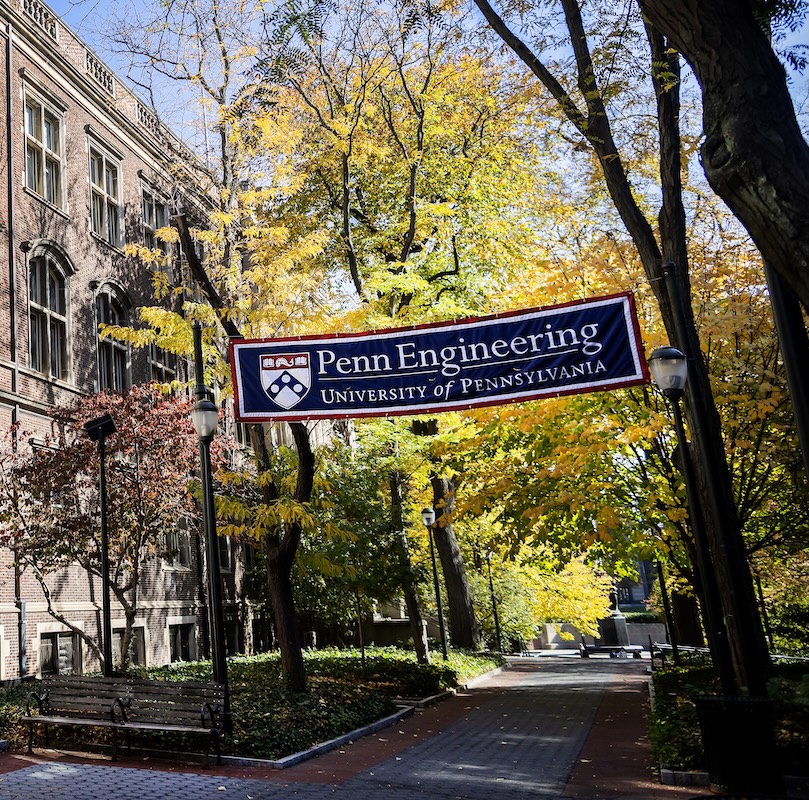 A Penn Engineering banner outside the Towne building on campus at the University of Pennsylvania