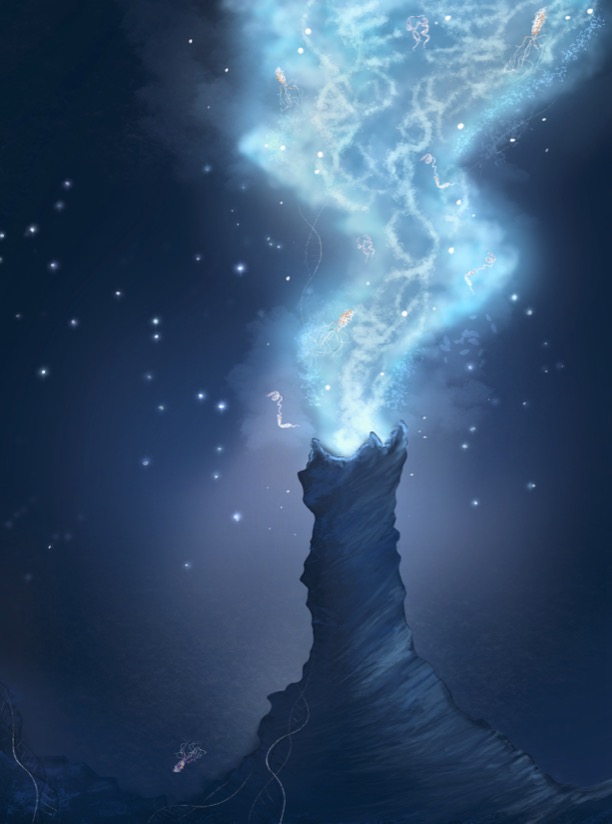 Microorganisms emerge from an undersea vent in an illustration. 