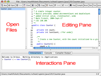 The main DrJava window: three panes.