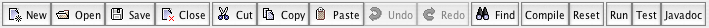 The toolbar at the top of DrJava's window, containing new/open/save/close for files and compilation, among others.